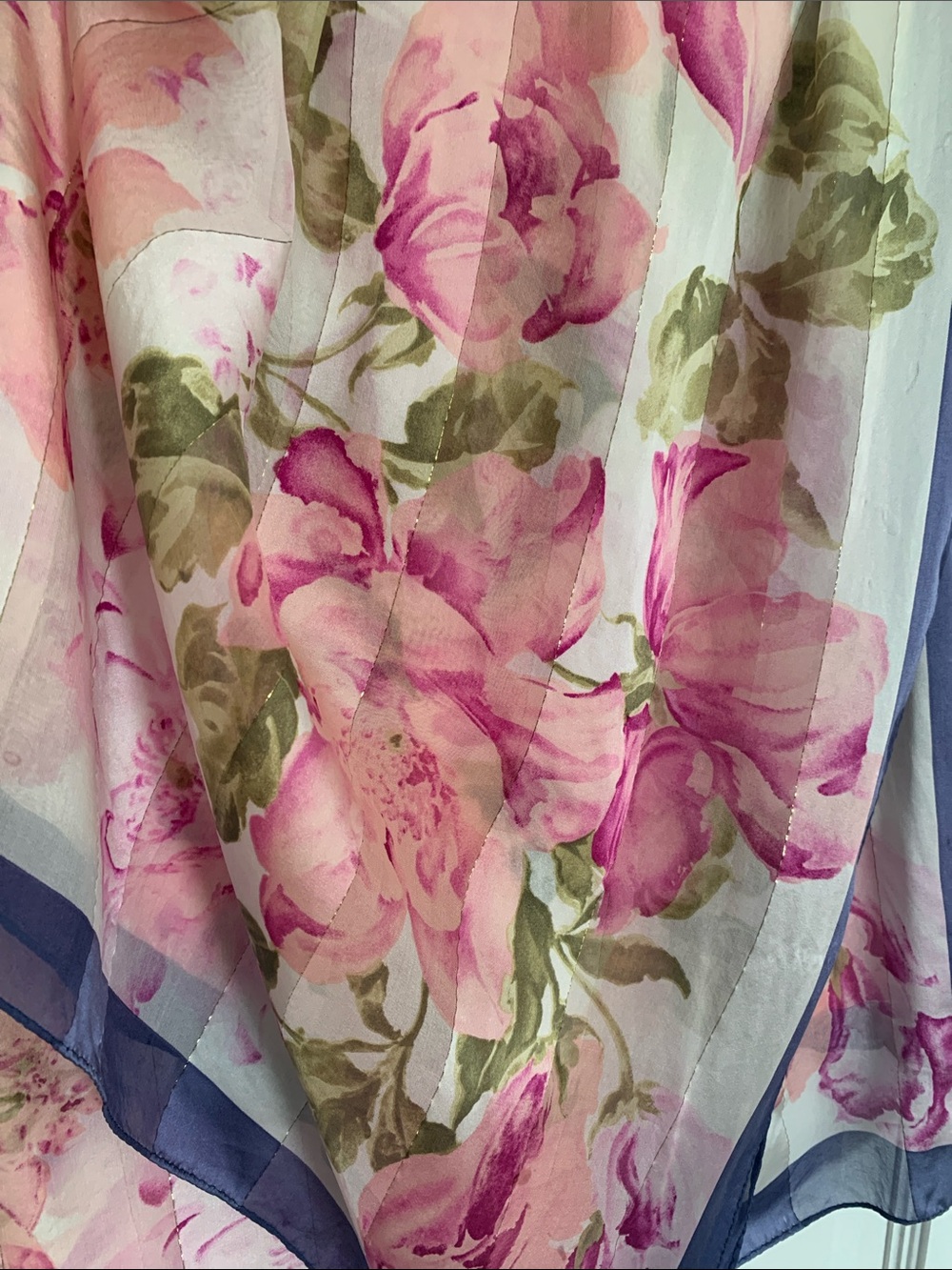3 for $20 😍 Floral Silk Scarf - Pink Cabbage Roses with Navy Trim